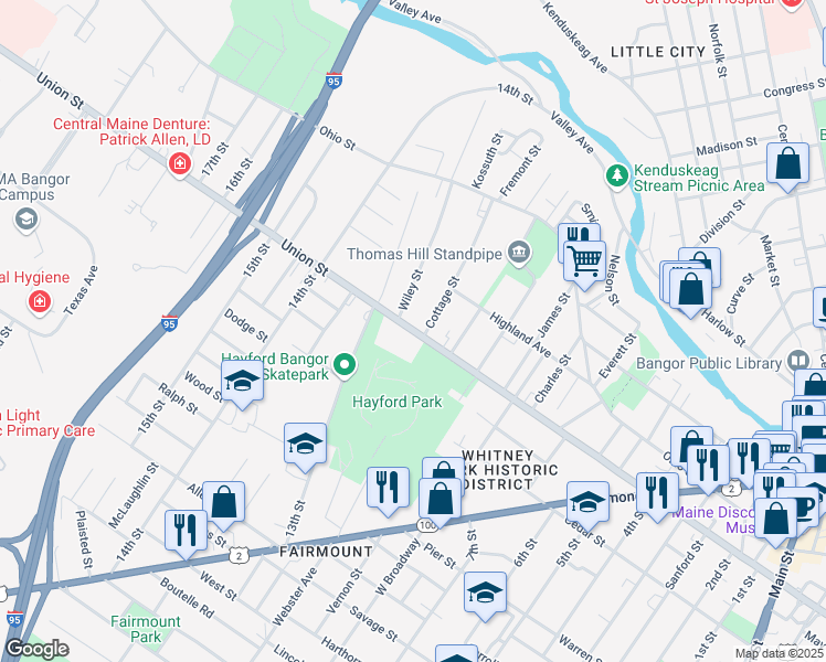 map of restaurants, bars, coffee shops, grocery stores, and more near 468 Union Street in Bangor