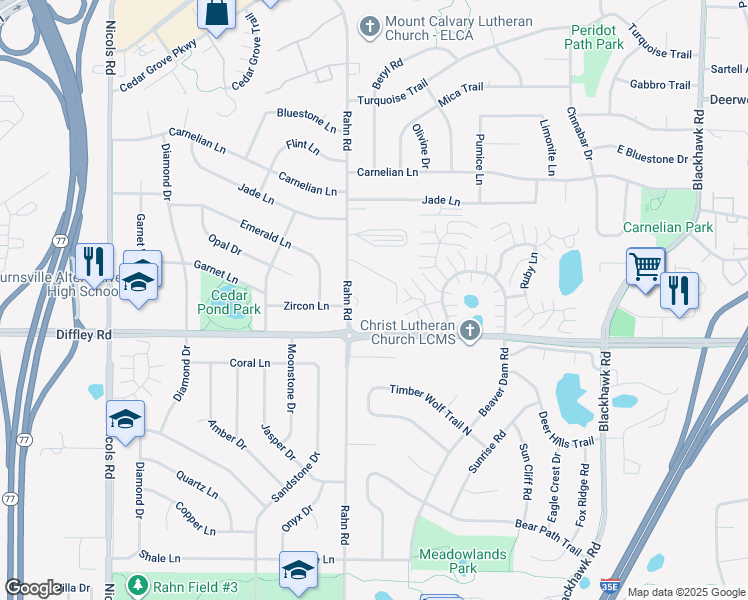map of restaurants, bars, coffee shops, grocery stores, and more near 4182 Rahn Road in Eagan