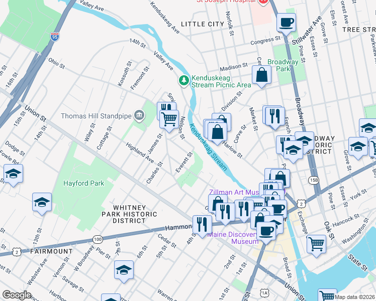 map of restaurants, bars, coffee shops, grocery stores, and more near 39 Everett Street in Bangor