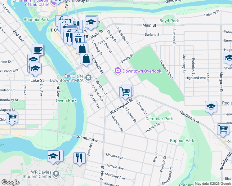 map of restaurants, bars, coffee shops, grocery stores, and more near 1010 South Farwell Street in Eau Claire