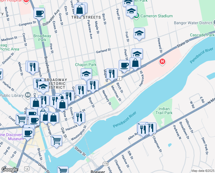 map of restaurants, bars, coffee shops, grocery stores, and more near 247 State Street in Brewer