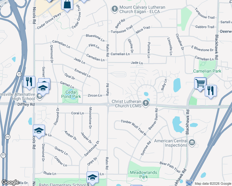 map of restaurants, bars, coffee shops, grocery stores, and more near 4150 Rahn Road in Eagan