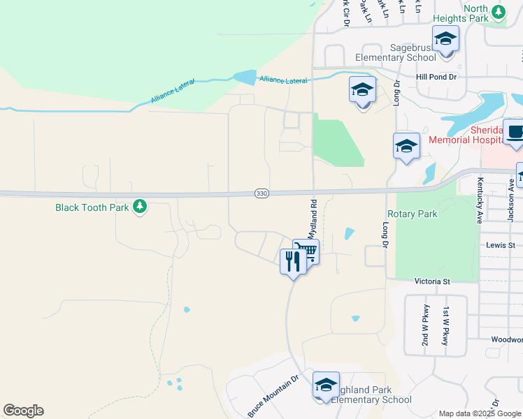map of restaurants, bars, coffee shops, grocery stores, and more near 2250 West 5th Street in Sheridan