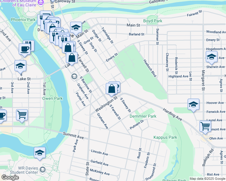 map of restaurants, bars, coffee shops, grocery stores, and more near 1016 Doty Street in Eau Claire