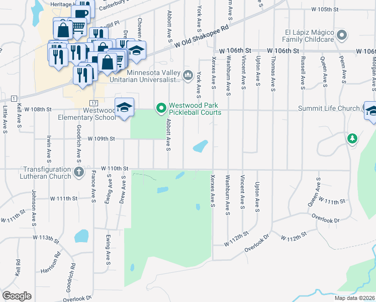 map of restaurants, bars, coffee shops, grocery stores, and more near 10840 York Avenue South in Minneapolis