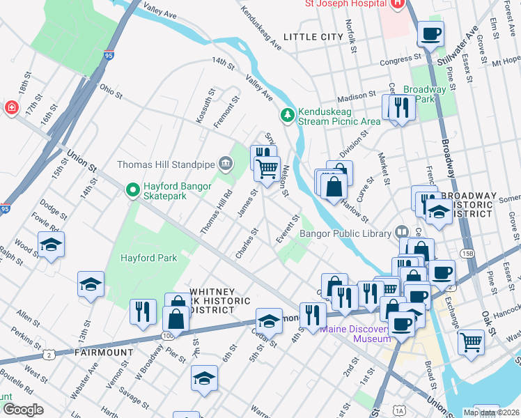 map of restaurants, bars, coffee shops, grocery stores, and more near 17 James Street in Bangor
