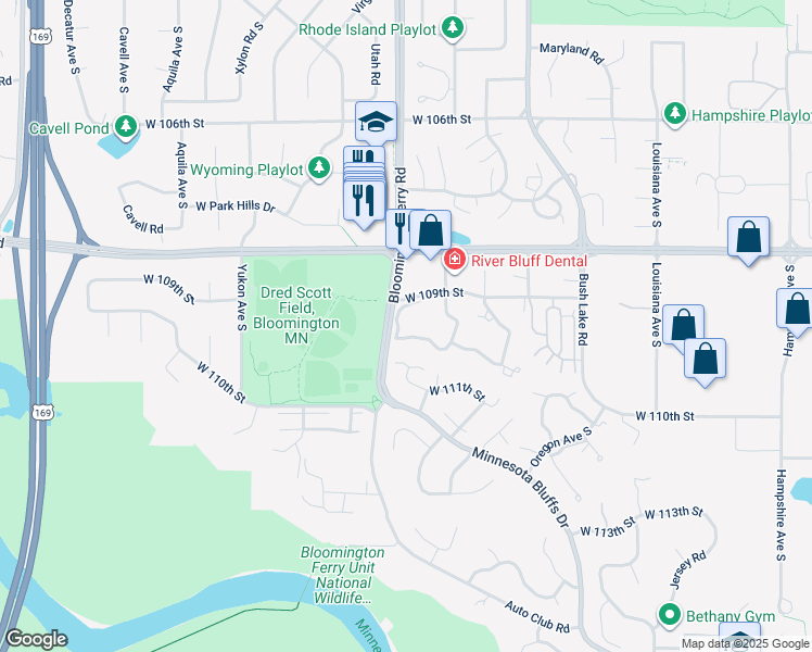 map of restaurants, bars, coffee shops, grocery stores, and more near 15 West 109th Street in Bloomington