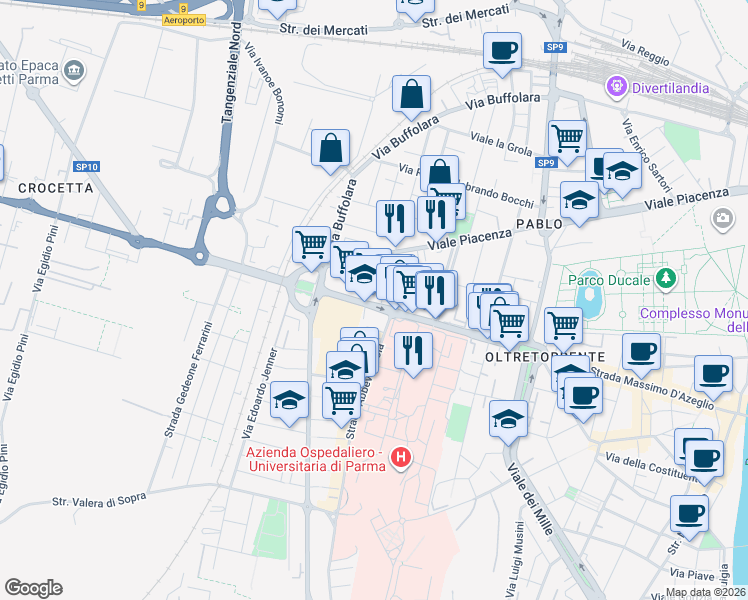 map of restaurants, bars, coffee shops, grocery stores, and more near 17 Via Edoardo Ughi in Parma