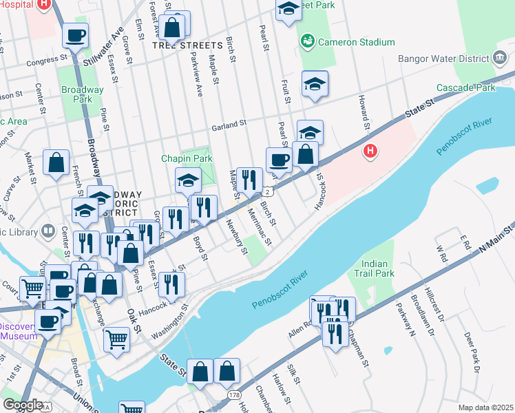 map of restaurants, bars, coffee shops, grocery stores, and more near 277 State Street in Bangor