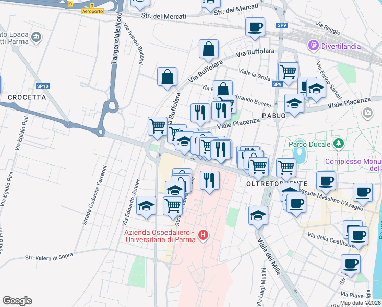 map of restaurants, bars, coffee shops, grocery stores, and more near 1-17 Via Edoardo Ughi in Parma