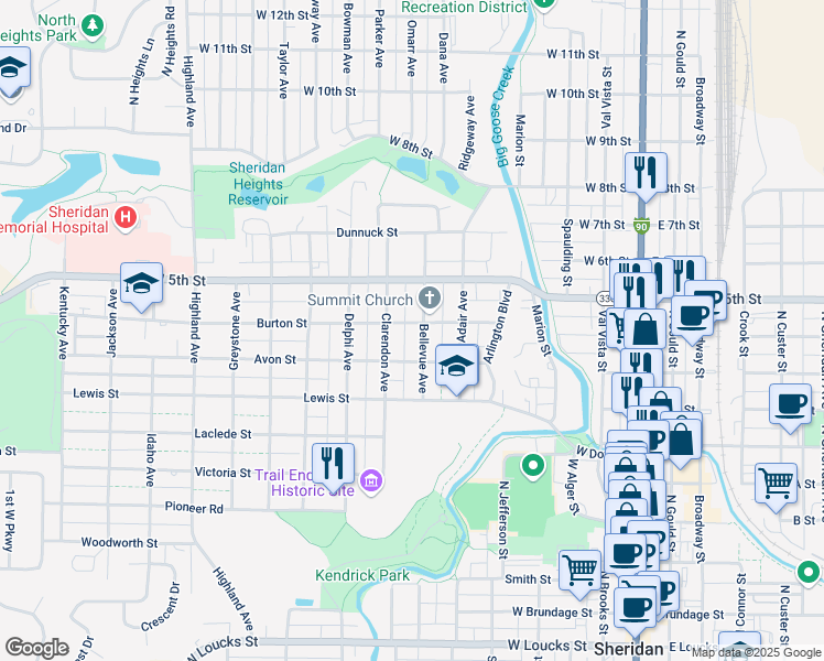 map of restaurants, bars, coffee shops, grocery stores, and more near 633 Burton Street in Sheridan
