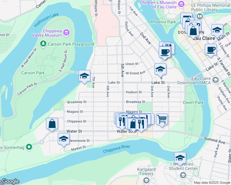 map of restaurants, bars, coffee shops, grocery stores, and more near 513 Lake Street in Eau Claire