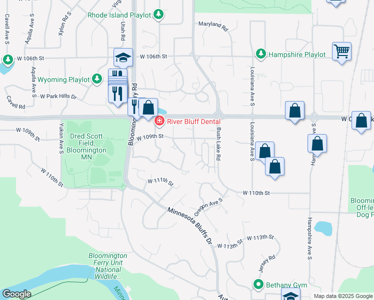 map of restaurants, bars, coffee shops, grocery stores, and more near 7313 West 109th Street in Minneapolis