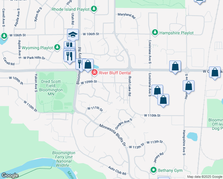 map of restaurants, bars, coffee shops, grocery stores, and more near 10941 Quebec Avenue South in Minneapolis