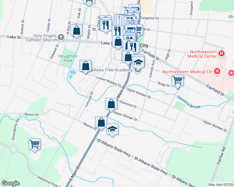 map of restaurants, bars, coffee shops, grocery stores, and more near 7A New Street in Saint Albans City