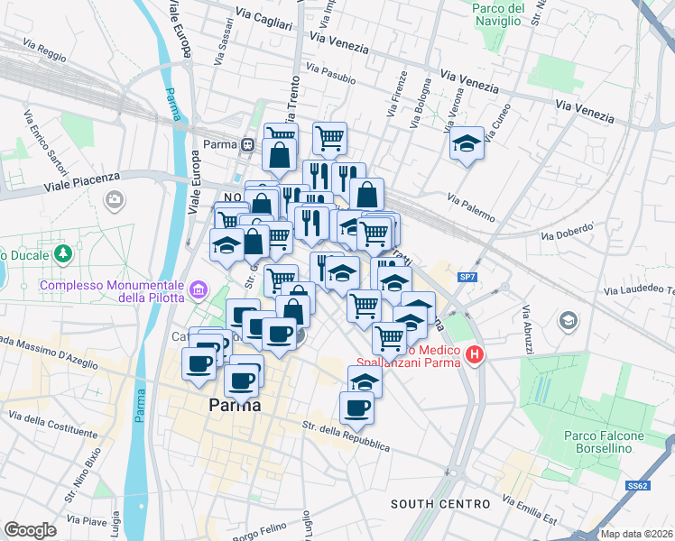 map of restaurants, bars, coffee shops, grocery stores, and more near 112 Viale Mentana in Parma