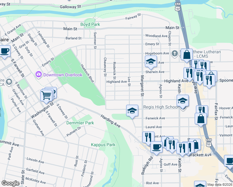 map of restaurants, bars, coffee shops, grocery stores, and more near 1410 Lyndale Avenue in Eau Claire