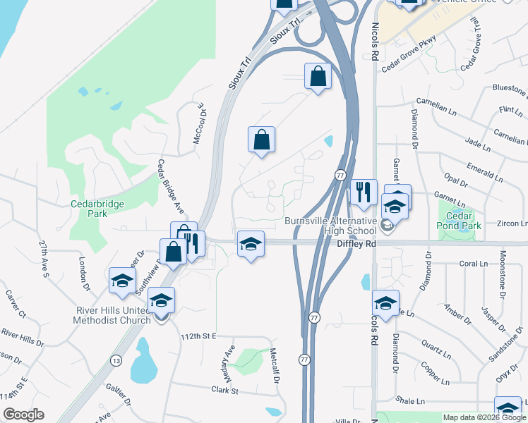map of restaurants, bars, coffee shops, grocery stores, and more near 2230 Water Lilly Lane in Eagan