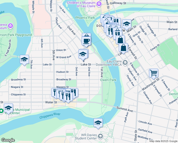 map of restaurants, bars, coffee shops, grocery stores, and more near 606 2nd Avenue in Eau Claire