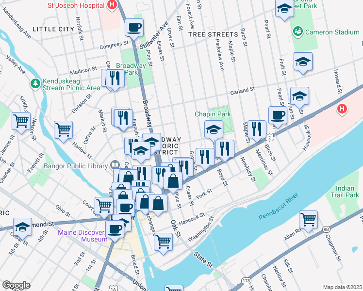 map of restaurants, bars, coffee shops, grocery stores, and more near 147 Essex Street in Bangor