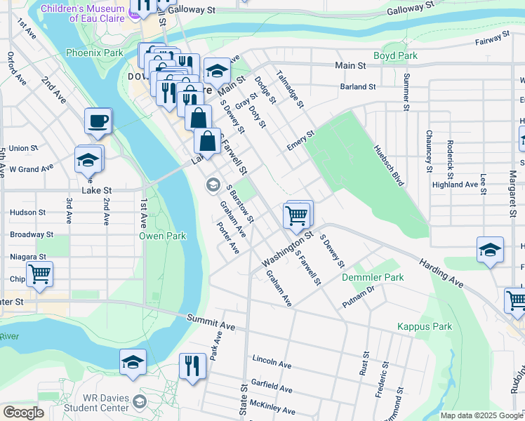 map of restaurants, bars, coffee shops, grocery stores, and more near 920 South Farwell Street in Eau Claire
