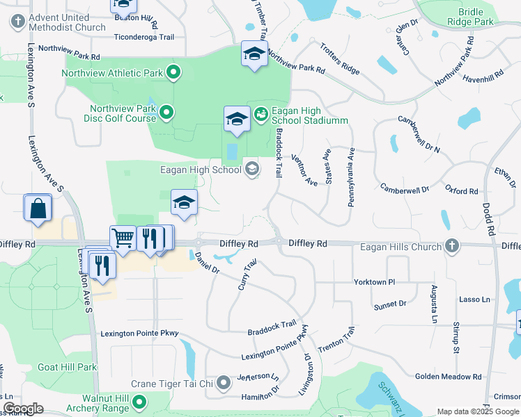 map of restaurants, bars, coffee shops, grocery stores, and more near 4185 Braddock Trail in Eagan