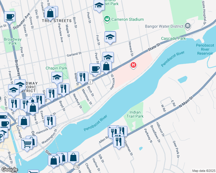 map of restaurants, bars, coffee shops, grocery stores, and more near 20 Spruce Street in Glenburn