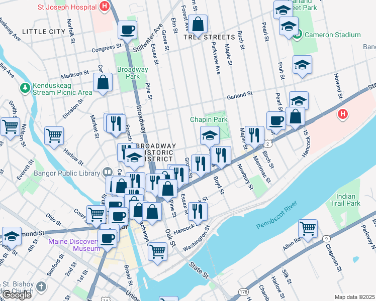 map of restaurants, bars, coffee shops, grocery stores, and more near 117 Somerset Street in Bangor