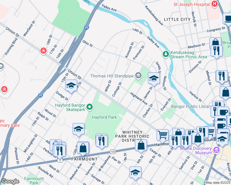 map of restaurants, bars, coffee shops, grocery stores, and more near 92 Cottage Street in Bangor