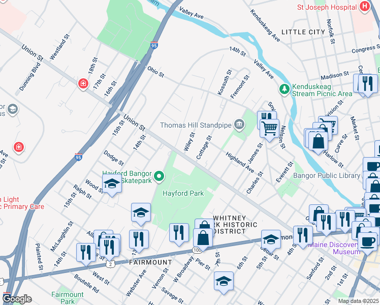 map of restaurants, bars, coffee shops, grocery stores, and more near 102 Wiley Street in Bangor