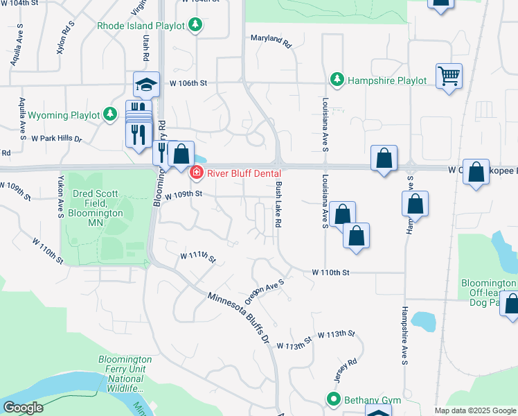 map of restaurants, bars, coffee shops, grocery stores, and more near 10902 Highland Road in Minneapolis