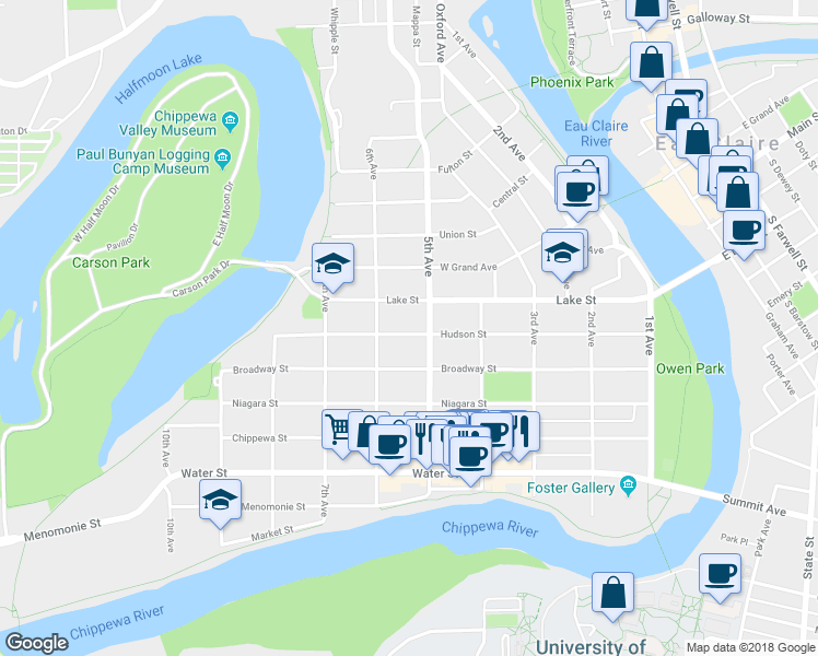 map of restaurants, bars, coffee shops, grocery stores, and more near 516 Hudson Street in Eau Claire