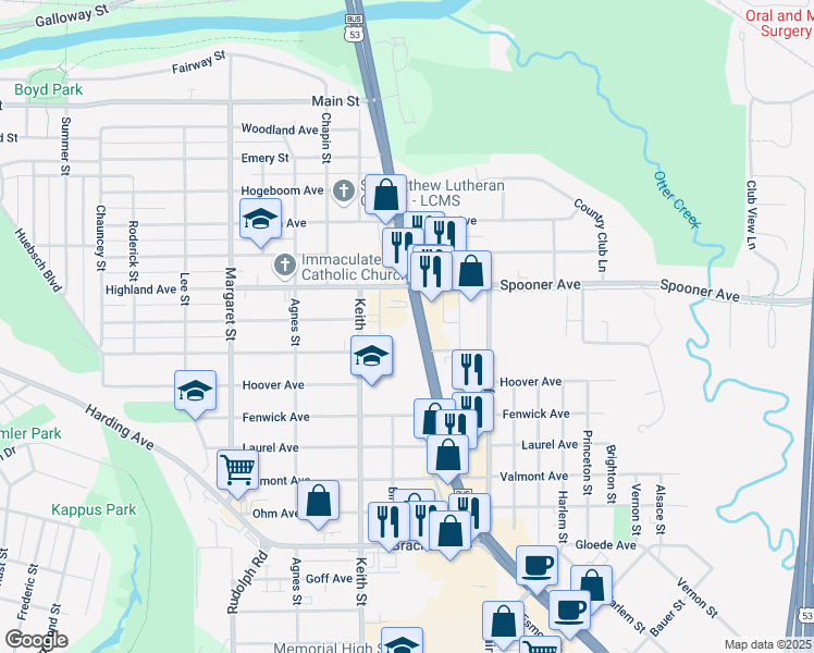 map of restaurants, bars, coffee shops, grocery stores, and more near 1021 Regis Court in Eau Claire