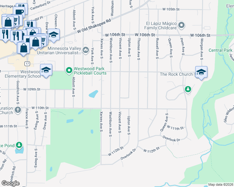 map of restaurants, bars, coffee shops, grocery stores, and more near 10845 Vincent Avenue South in Minneapolis
