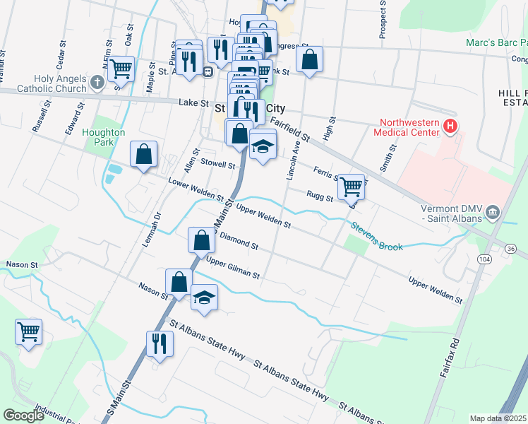 map of restaurants, bars, coffee shops, grocery stores, and more near 17 Upper Welden Street in Saint Albans City