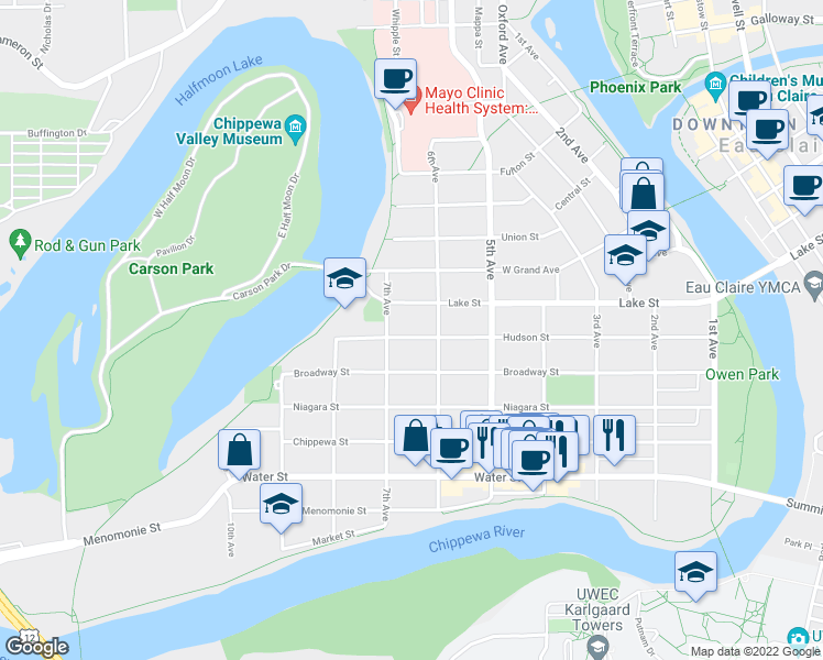 map of restaurants, bars, coffee shops, grocery stores, and more near 622 Hudson Street in Eau Claire