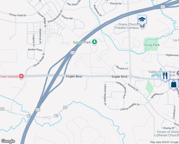 map of restaurants, bars, coffee shops, grocery stores, and more near 1620 Prescott Lane in Chaska