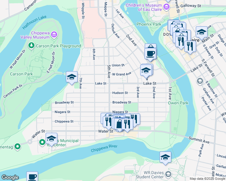 map of restaurants, bars, coffee shops, grocery stores, and more near 434 Hudson Street in Eau Claire