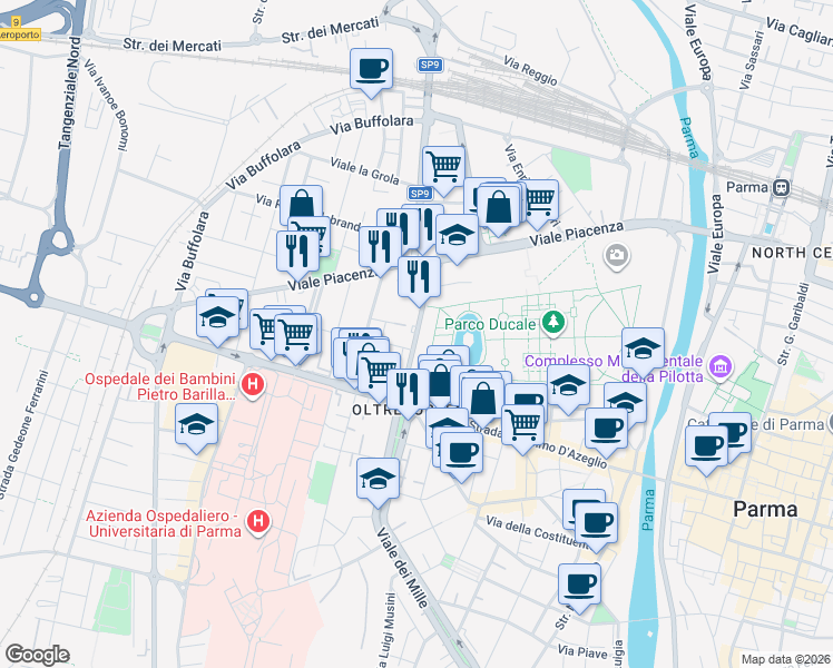 map of restaurants, bars, coffee shops, grocery stores, and more near 2-6 Via Pietro Martini in Parma