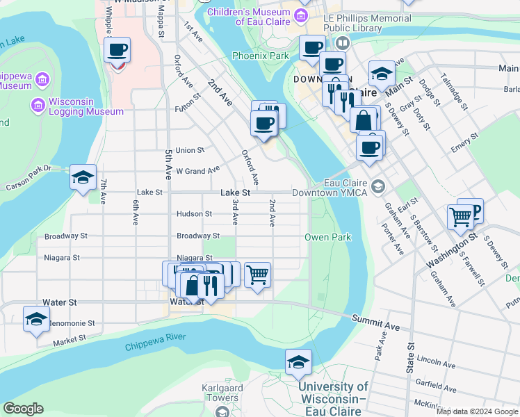 map of restaurants, bars, coffee shops, grocery stores, and more near 606 2nd Avenue in Eau Claire