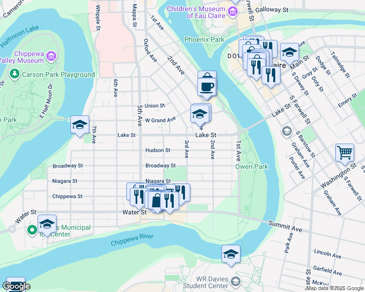 map of restaurants, bars, coffee shops, grocery stores, and more near 606 3rd Avenue in Eau Claire