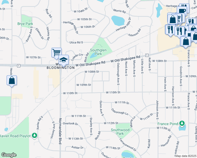 map of restaurants, bars, coffee shops, grocery stores, and more near 10817 Quinn Avenue South in Minneapolis