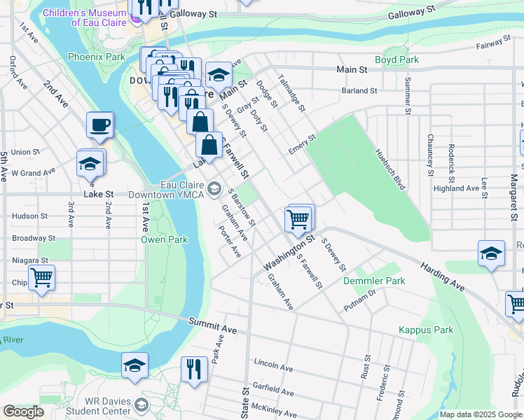 map of restaurants, bars, coffee shops, grocery stores, and more near 908 South Farwell Street in Eau Claire