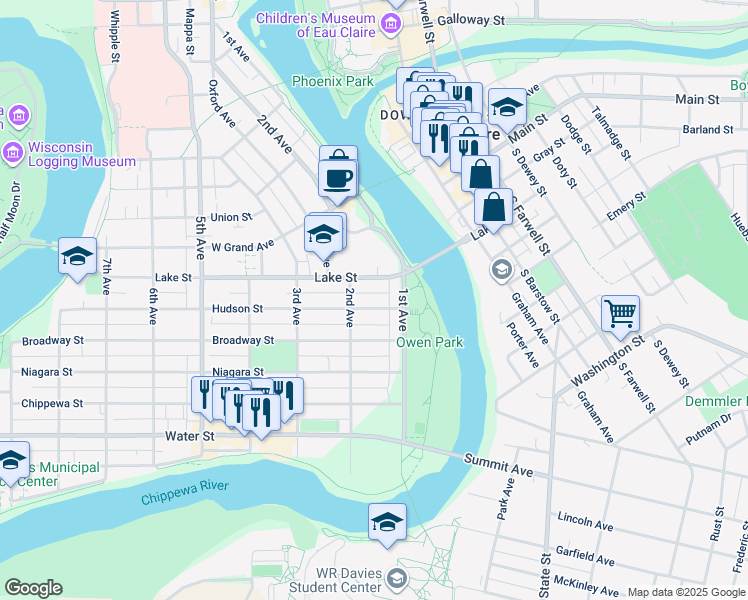 map of restaurants, bars, coffee shops, grocery stores, and more near 609 2nd Avenue in Eau Claire
