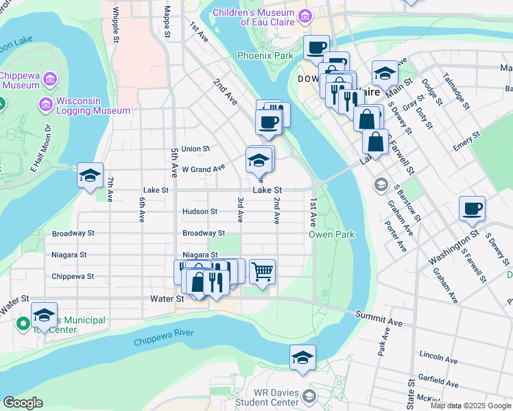 map of restaurants, bars, coffee shops, grocery stores, and more near 221 Lake Street in Eau Claire