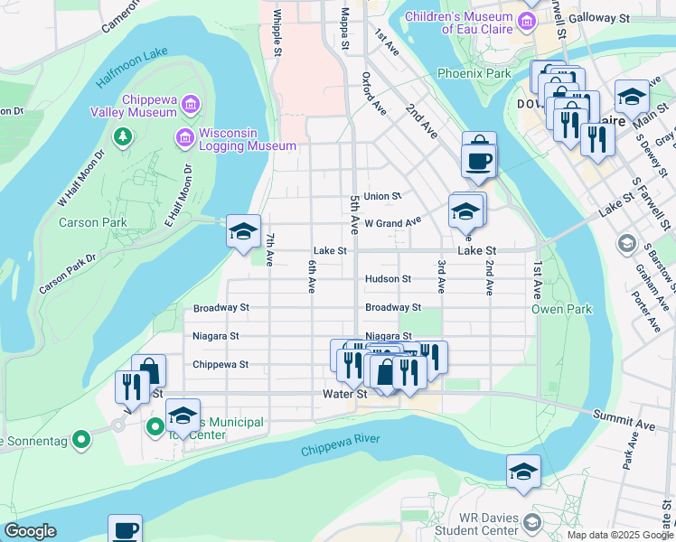 map of restaurants, bars, coffee shops, grocery stores, and more near 513 Lake Street in Eau Claire