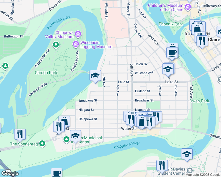 map of restaurants, bars, coffee shops, grocery stores, and more near in Eau Claire