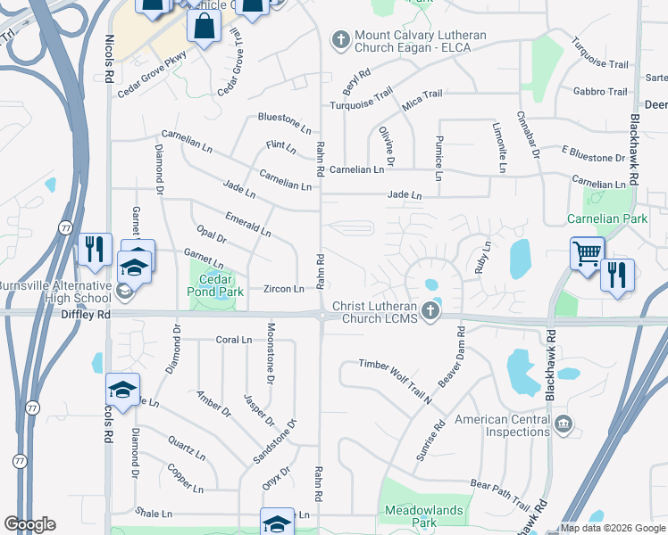 map of restaurants, bars, coffee shops, grocery stores, and more near 4150 Rahn Road in Eagan