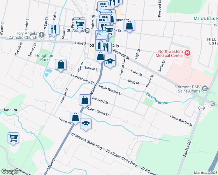 map of restaurants, bars, coffee shops, grocery stores, and more near 17 Upper Welden Street in Saint Albans City