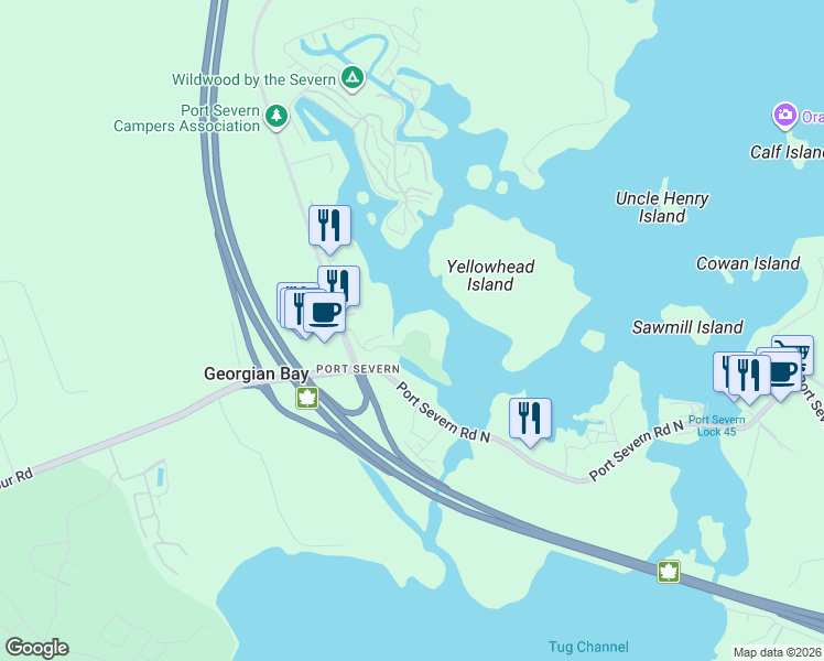 map of restaurants, bars, coffee shops, grocery stores, and more near 37 Minten's Lane in Port Severn